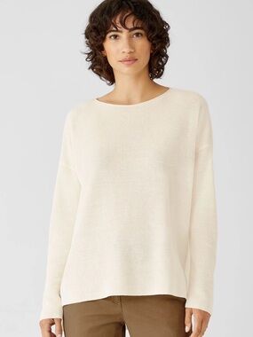 Eileen Fisher White Textured Light Weight Linen Cotton Sweater